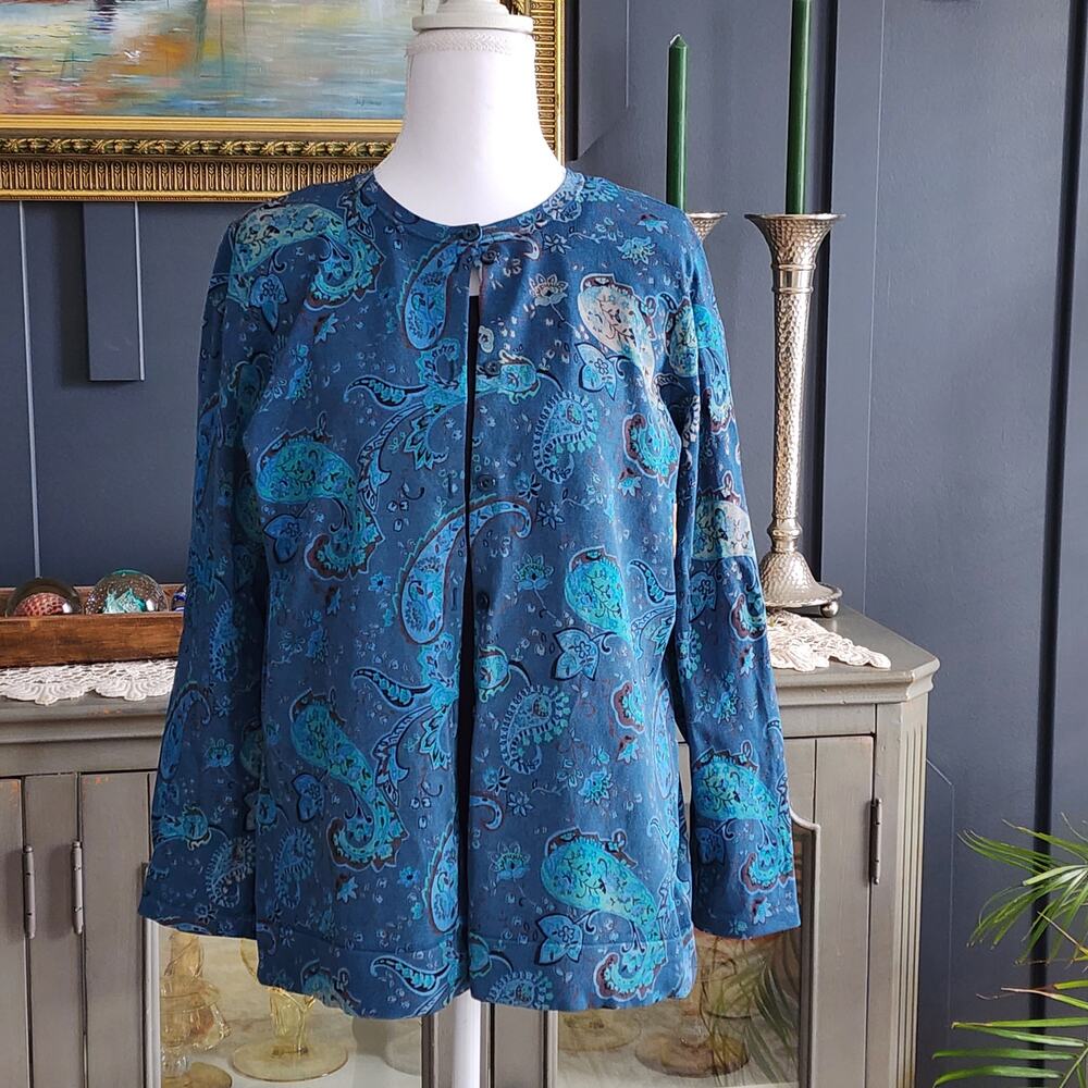 Pendleton Silk Blend Paisley Cardigan Sweater Teal Blue M